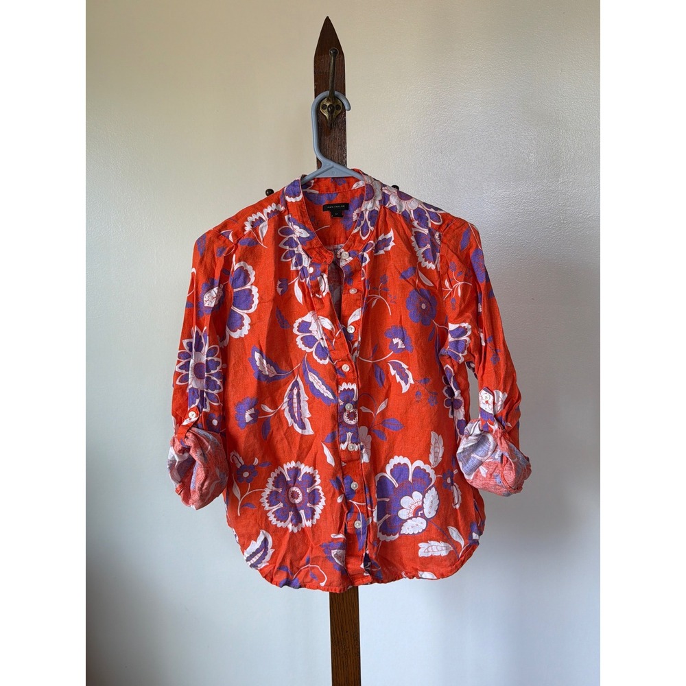 Ann Taylor Orange Floral 100% Linen Roll Tab Button Down Shirt SP Boho Casual